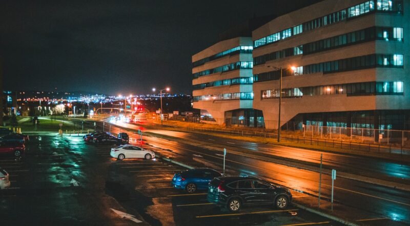 parked assorted vehicles at night